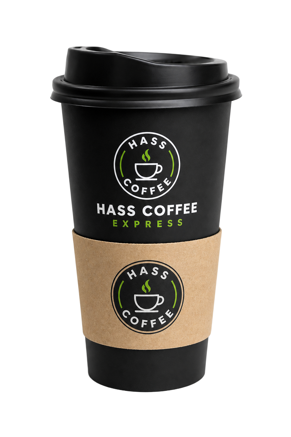Hass Coffee Express 16oz matte black branded cup with kraft sleeve