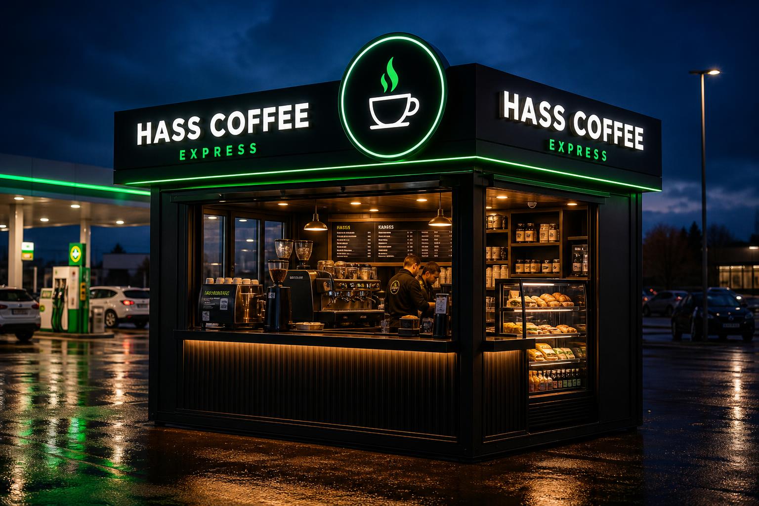 Modern Hass Coffee Express kiosk glowing green at a fuel station at dusk