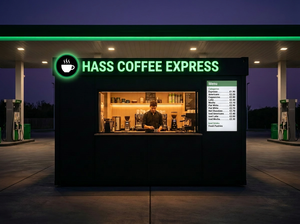 Front view of the Hass Coffee Express kiosk with green LED signage