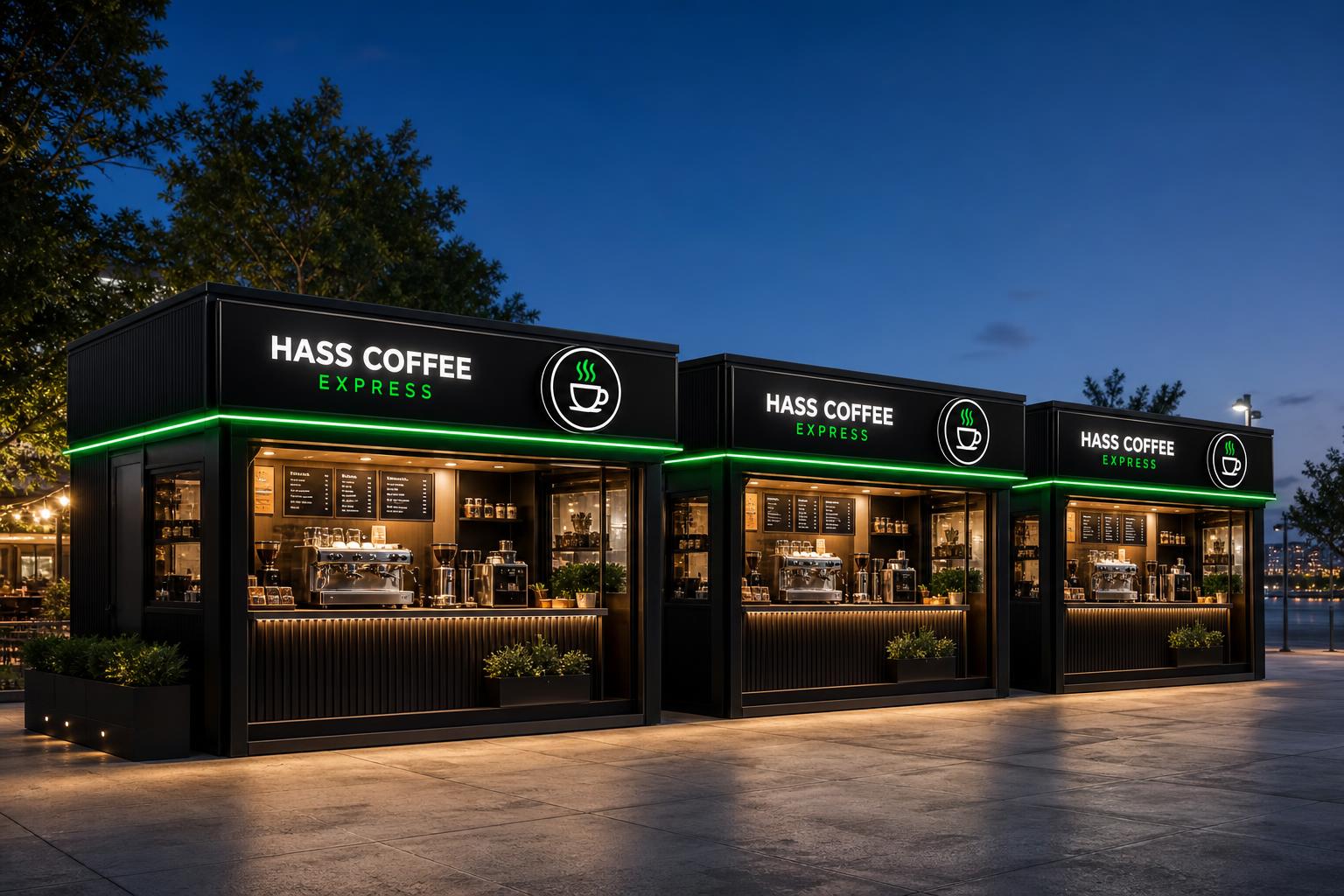 A row of identical Hass Coffee Express modular kiosks