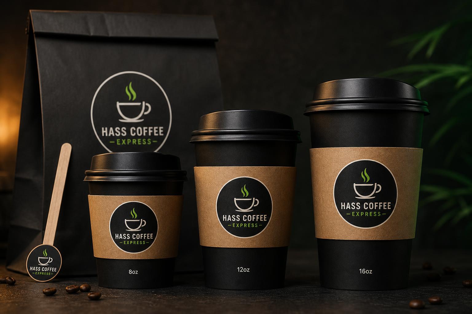 Hass Coffee Express branded cup lineup with kraft sleeves and black paper bag